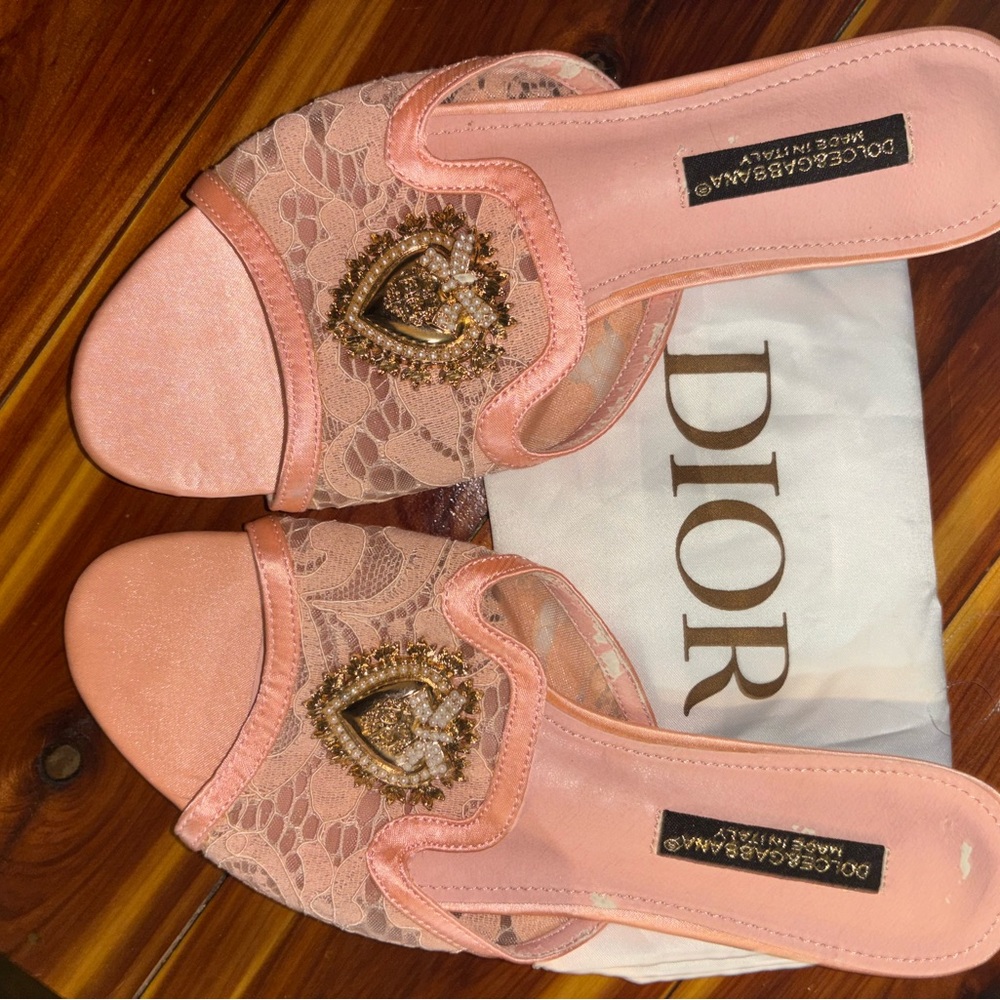 Dolce & Gabbana Peach Lace Mules with Gold Embellishment